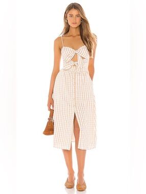 Revolve x MAJORELLE Beige and White Gingham Tie-Front Midi Dress